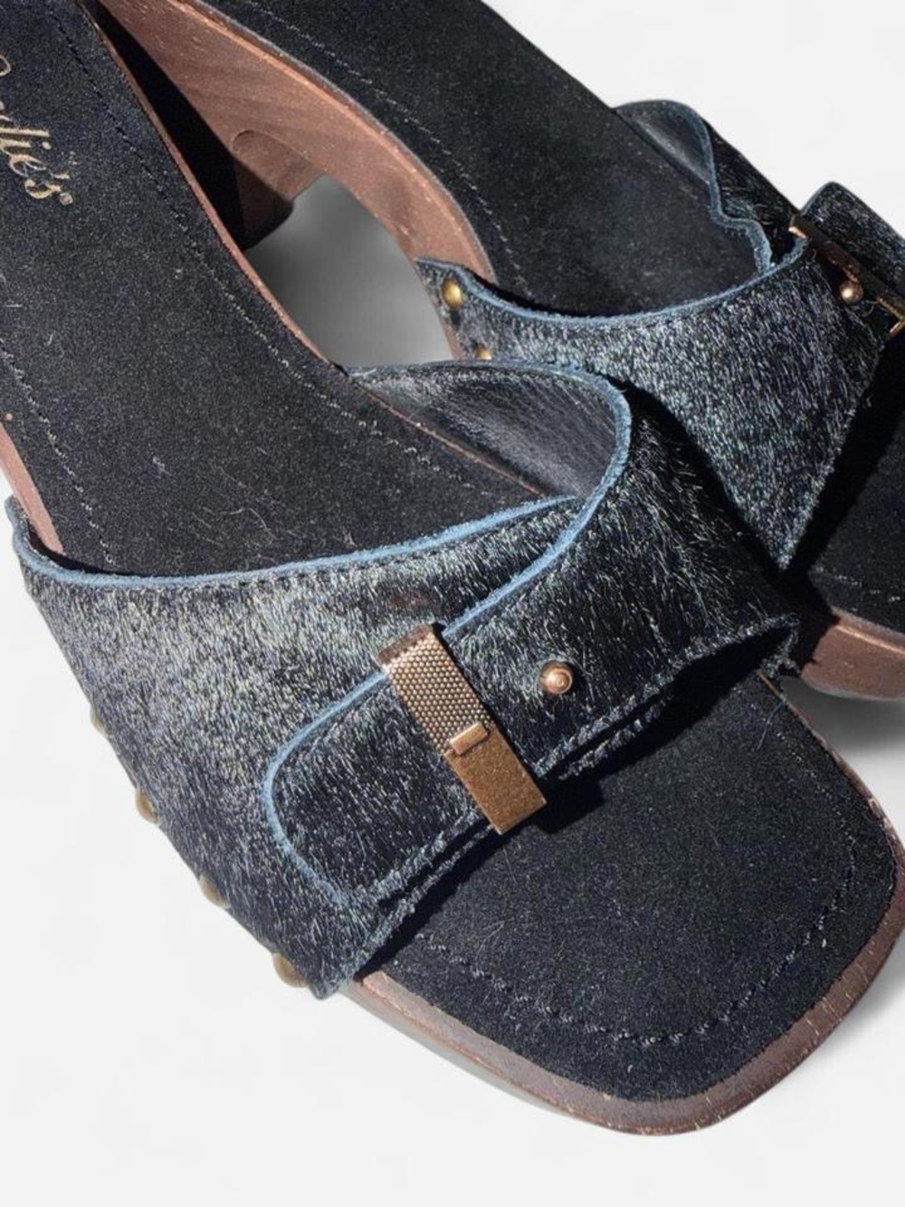 Candie's Black calf hair Slide Mules with Bronze Buckle - Picture 3 of 4